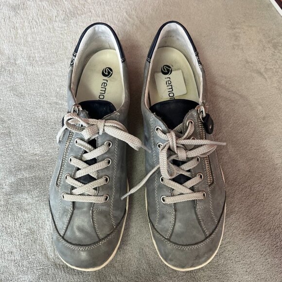 Remonte Jean Print Blue Lace Up Leather Sneakers - Picture 3 of 16